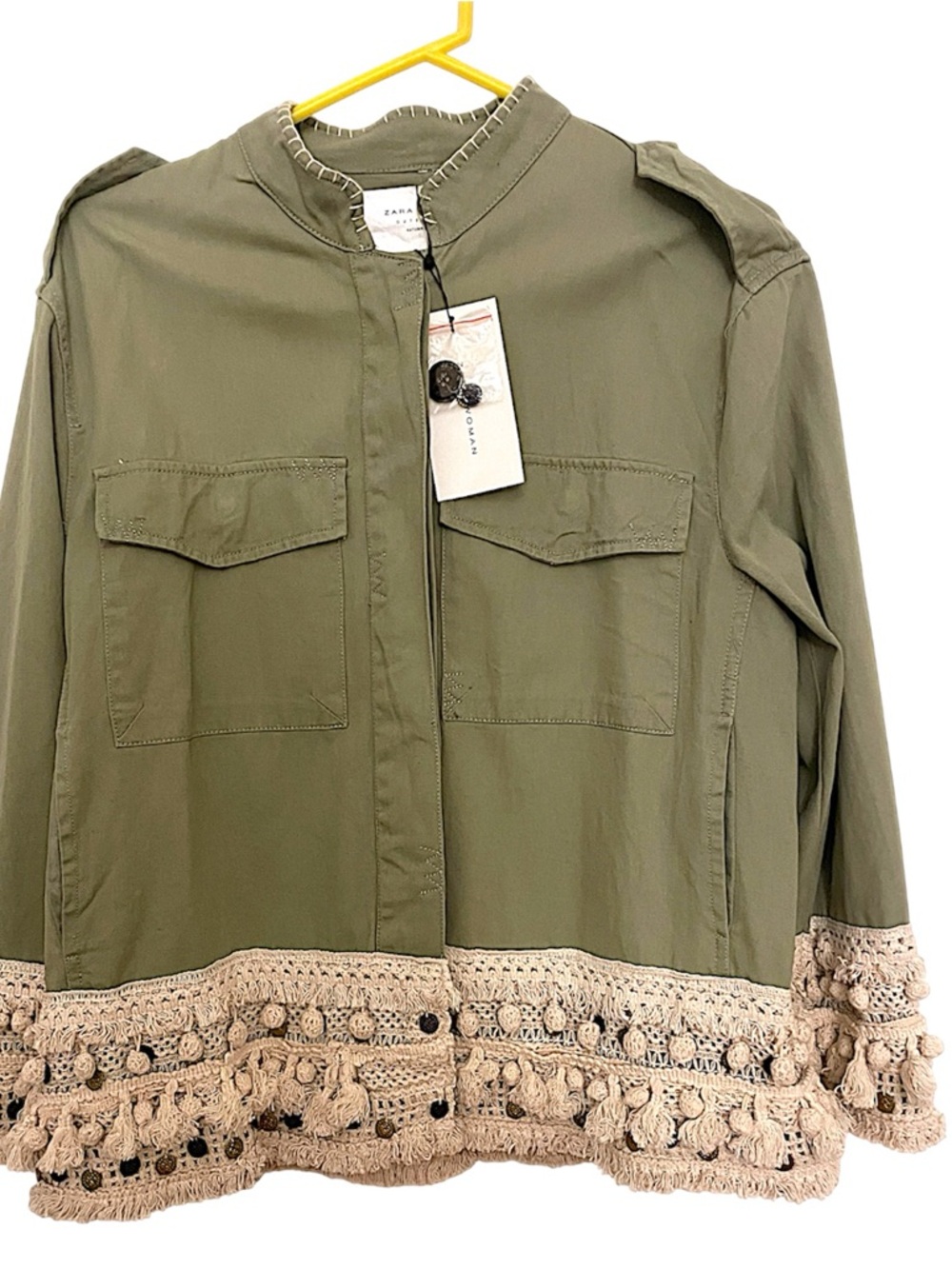 Zara Olive Green Utility Jacket with Cream Crochet Hem